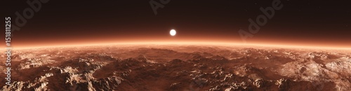 Mars from orbit, panorama of Mars, Marsim landscape, sunrise over Mars, 3D rendering 