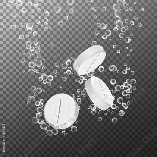 Effervescent Soluble Tablet Pill. Sparkling Water Bubbles Trails. Vitamin C Or Acetylsalicylic Acid aspirin Pill Falling Down In Water On Transparent Background. 3D Realistic Illustration
