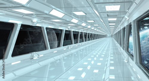 Fototapeta Naklejka Na Ścianę i Meble -  Spaceship corridor with view on the planet Earth 3D rendering elements of this image furnished by NASA