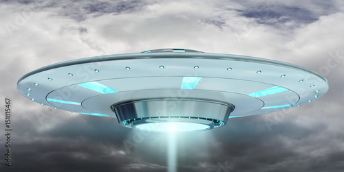 Fototapeta Naklejka Na Ścianę i Meble -  Vintage UFO flying on cloudy sky 3D rendering