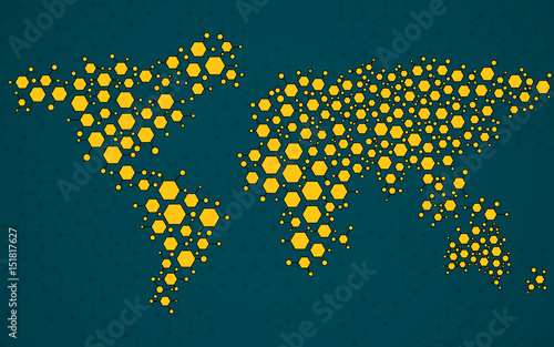 Abstract world map of hexagonal molecular structures. Vector