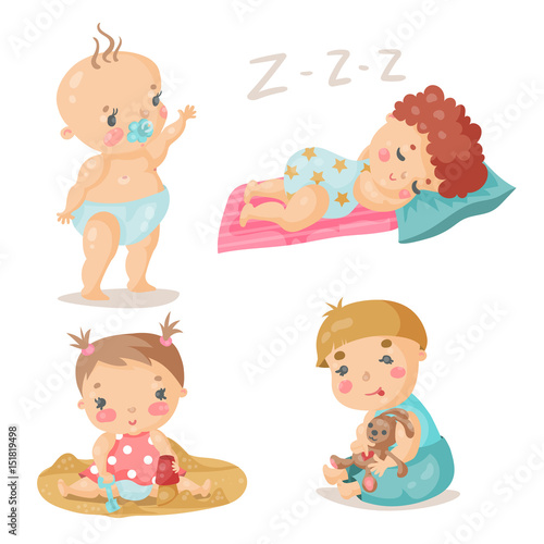 Kids cute babies in different situations. Colorful vector illustration. The baby is sleeping, playing in the sandbox and the tod