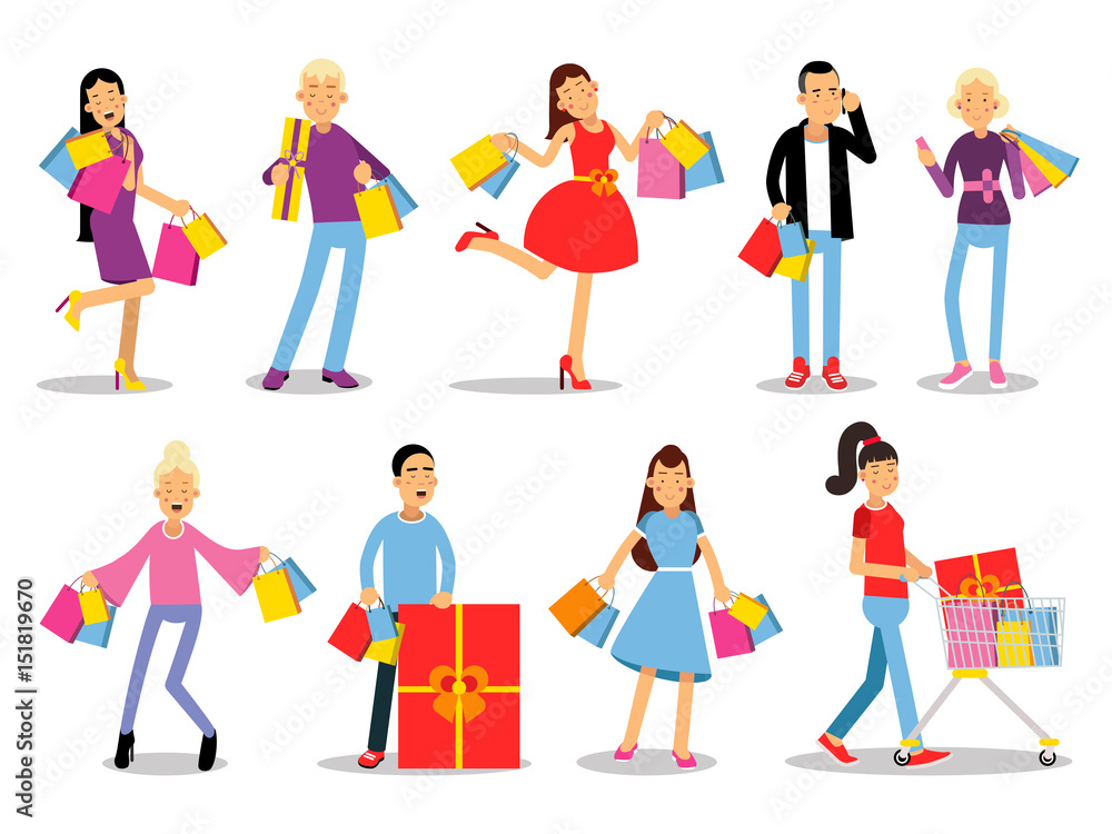 Shopping people vector concepts. Flat design. Collection of smiling women and man characters with gift boxes, paper bags and trolley with goods. Pleasure of purchase. For sales and discounts