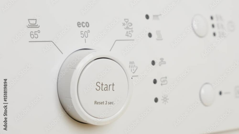 Shiny white console of dishware and cutlery washing machine 4K 2160p 30fps UltraHD footage - Buttons and program selector of dishwasher 3840X2160 UHD tilting video Shiny white console of dishware and cutlery washing machine 4K 2160p 30fps UltraHD footage - Buttons and program selector of dishwasher 3840X2160 UHD tilting video