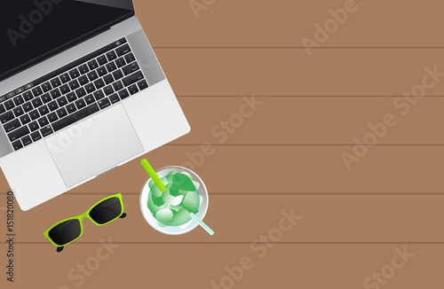 Laptop, sun glasses and mojito coctail on wooden background. Vector illustration