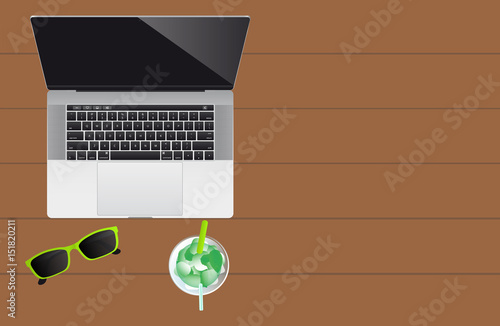 Laptop, sun glasses and mojito coctail on wooden background. Vector illustration