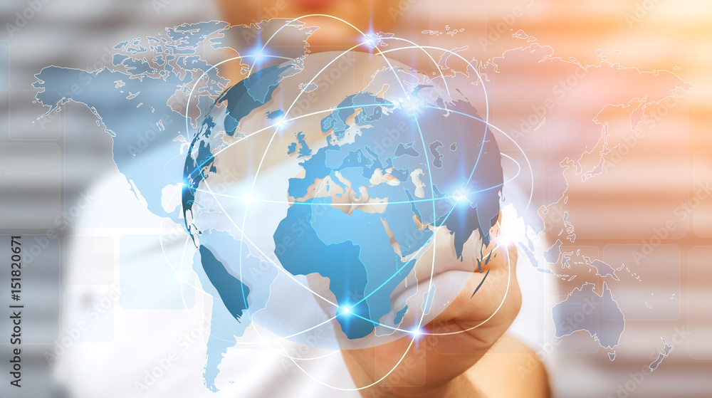 Businessman holding global network on planet earth 3D rendering Businessman holding global network on planet earth 3D rendering