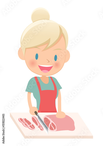 料理をする主婦　肉を切る