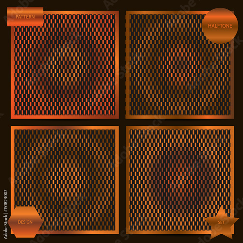 Set of square cards with halftone patterns in copper colors. Vector business templates for flyer, card, brochure, cover, etc.