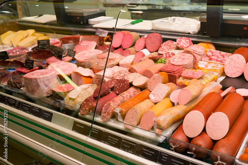 Variety of Cold Cuts and Sausages in a Deli Counter