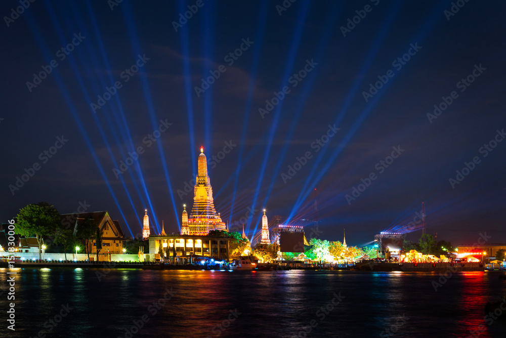 Beautiful backdrop and lighting of famous Bangkok landmark at Chao Phraya River and Wat Arun, Bangkok, Thailand,  the landmark of Thailand