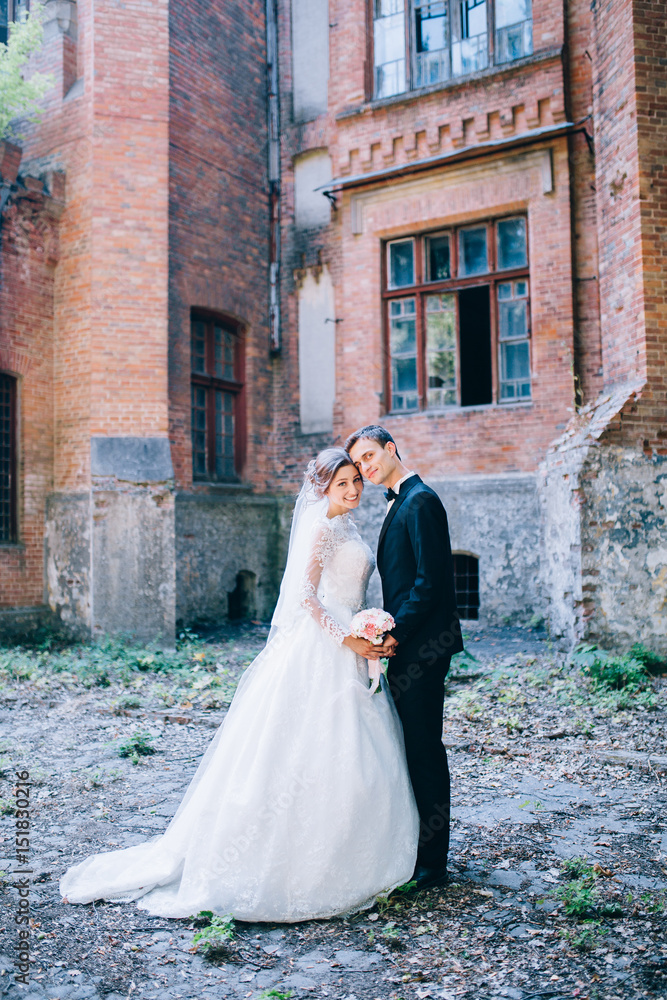 Wedding couple posing near the old castle Wedding couple posing near the old castle