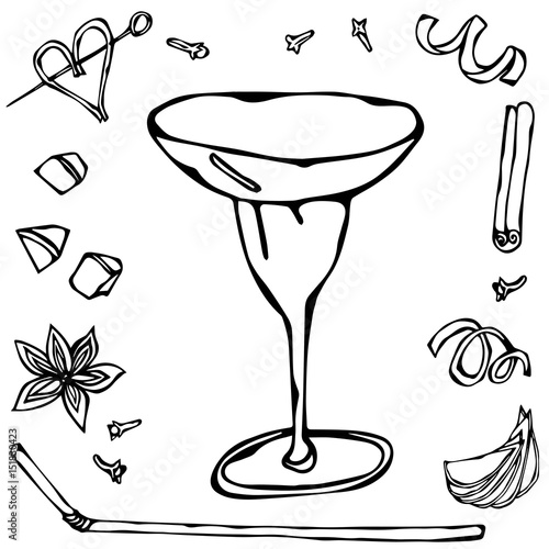 Margarita or Coupette Coctail Glass. Hand Drawn Vector Illustraition. photo