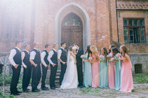 The beautiful wedding couple with bridesmaids and groomsmen