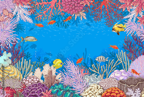 Underwater Background with Corals  and Fishes
