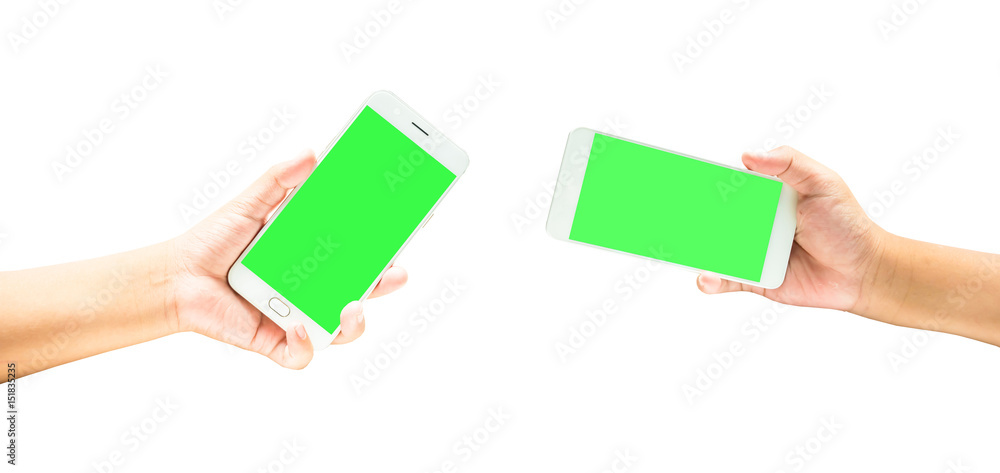 Obraz premium Hand play on mobile touch screen on white isolate background