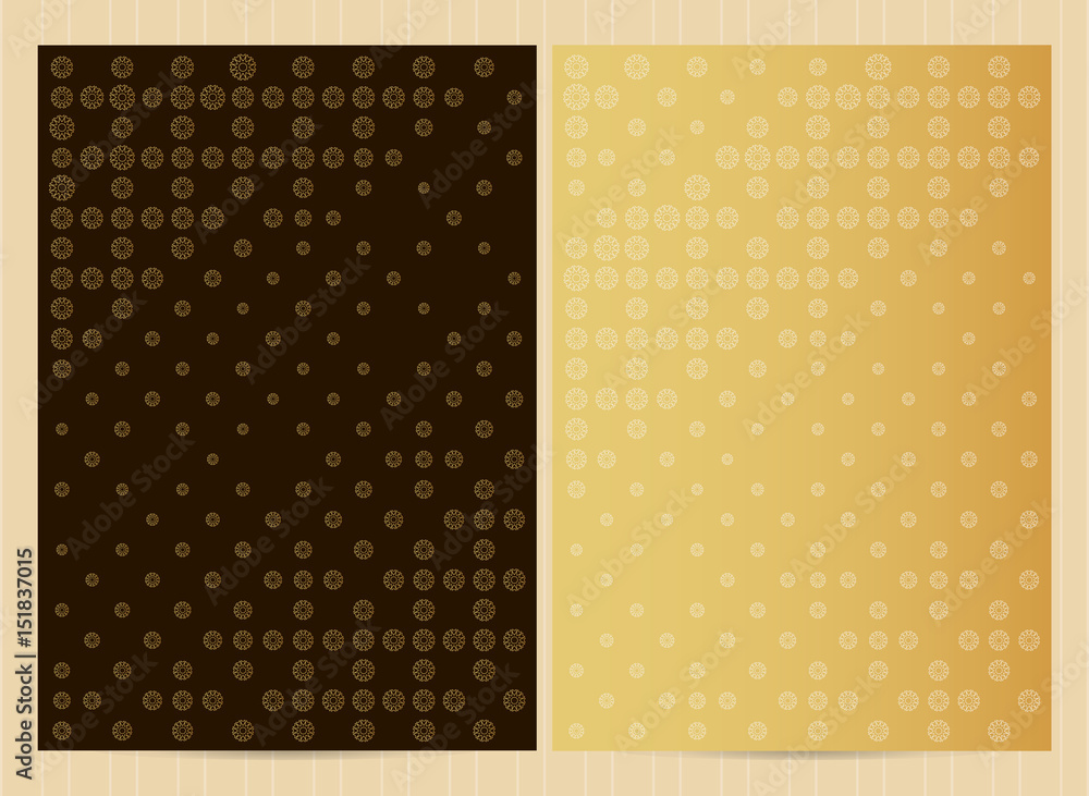 A4 size cards in golden color, dots and halftone design. Vector luxury templates for restaurant menu, flyer, greeting card, brochure, book cover and any other decoration.