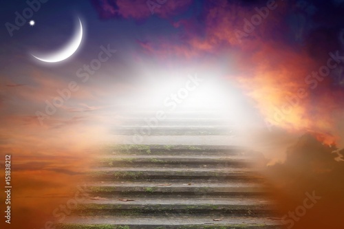 Obraz na płótnie Ramadan background . half moon at sunset . Way to heaven . Sunset and new moon . Sacred month for the Muslim . w salonie
