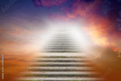 Obraz na płótnie Stairs in sky . Religion for the person . Way to heaven . Road to Paradise . Way to God . bright light from heaven . w salonie