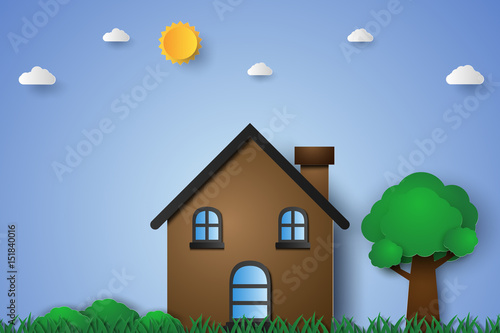 House in green field with grass and tree , paper art style
