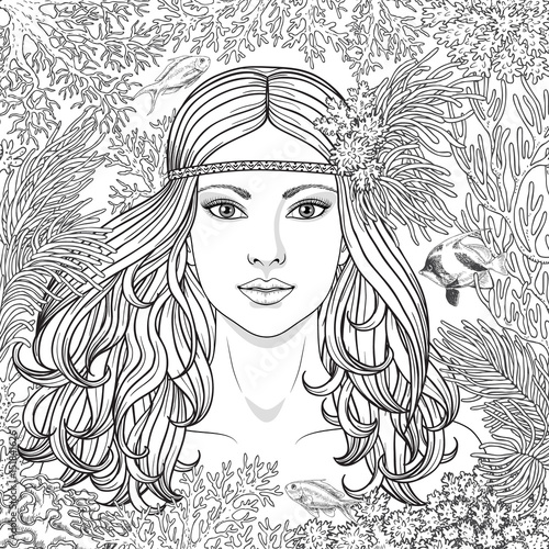 Girl among the corals coloring page