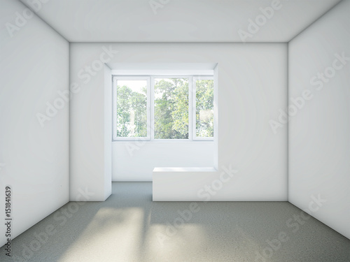 Empty room with white walls and gray cement floor. Renovation Concept. White Stucco Concrete Wall and Gray Floor Copy Space Background. 3d rendering