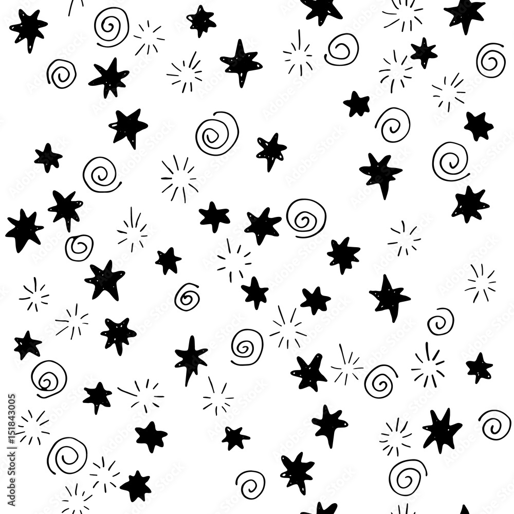 Dynamic background with hand drawn stars and spirals. Seamless vector pattern.