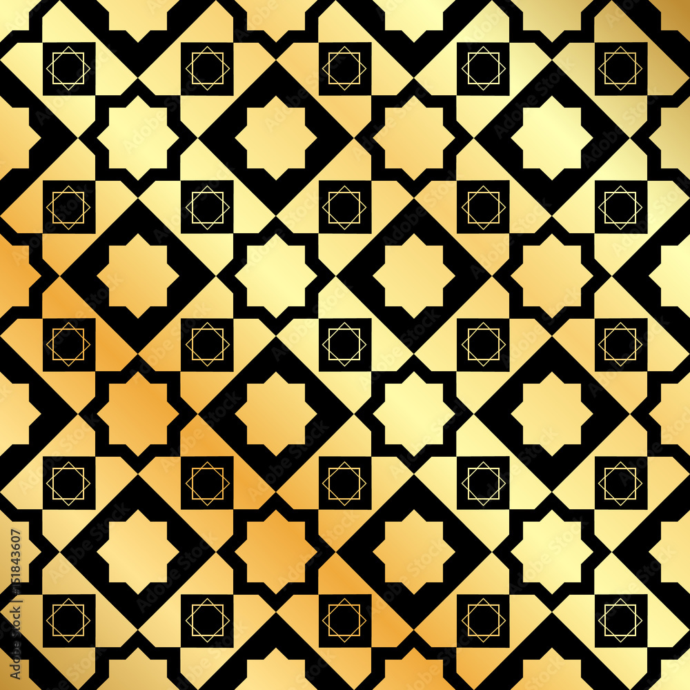Golden background with seamless pattern in arabic style. Ornamental seamless pattern. Vector abstract background. Golden background with seamless pattern in arabic style. Ornamental seamless pattern. Vector abstract background.