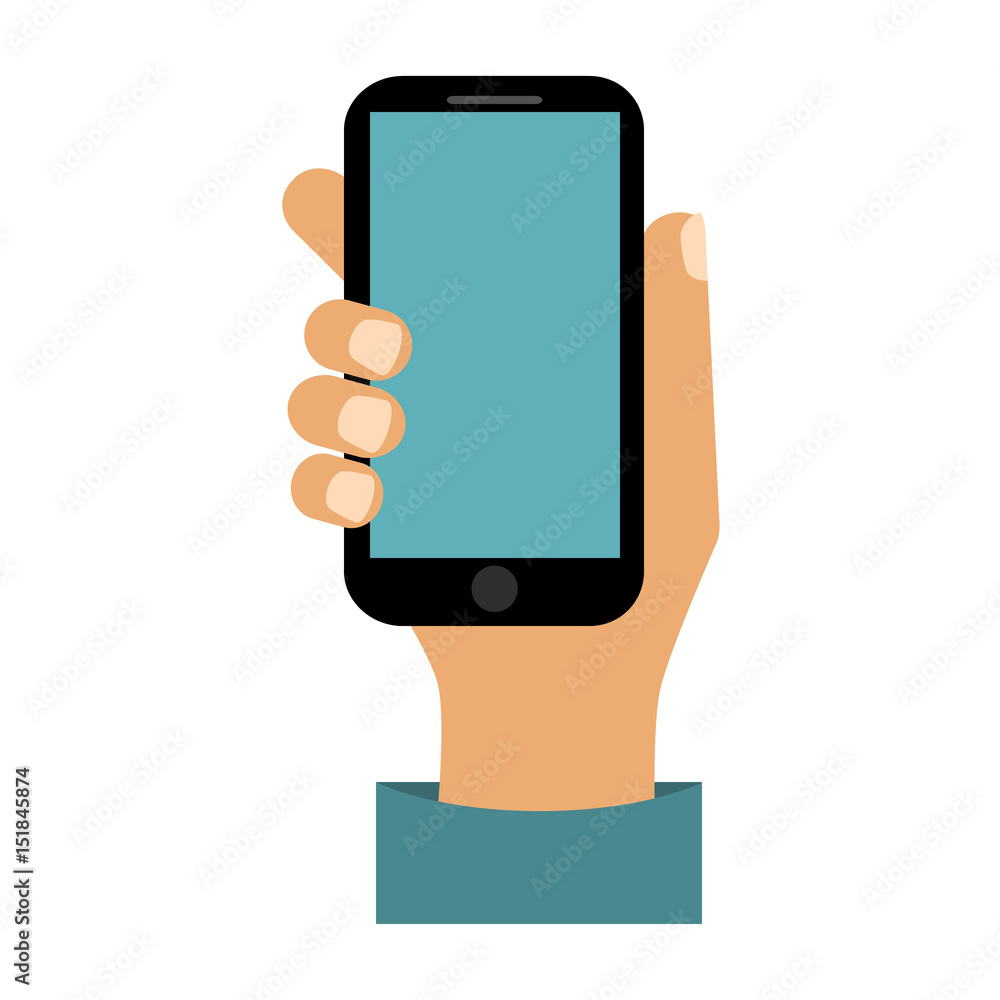 Hand holding smart phone on white background. Flat design Hand holding smart phone on white background. Flat design