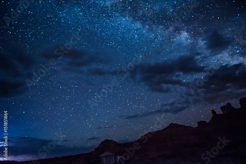 Photography Night sky with milky way, clouds, canyons and campground
