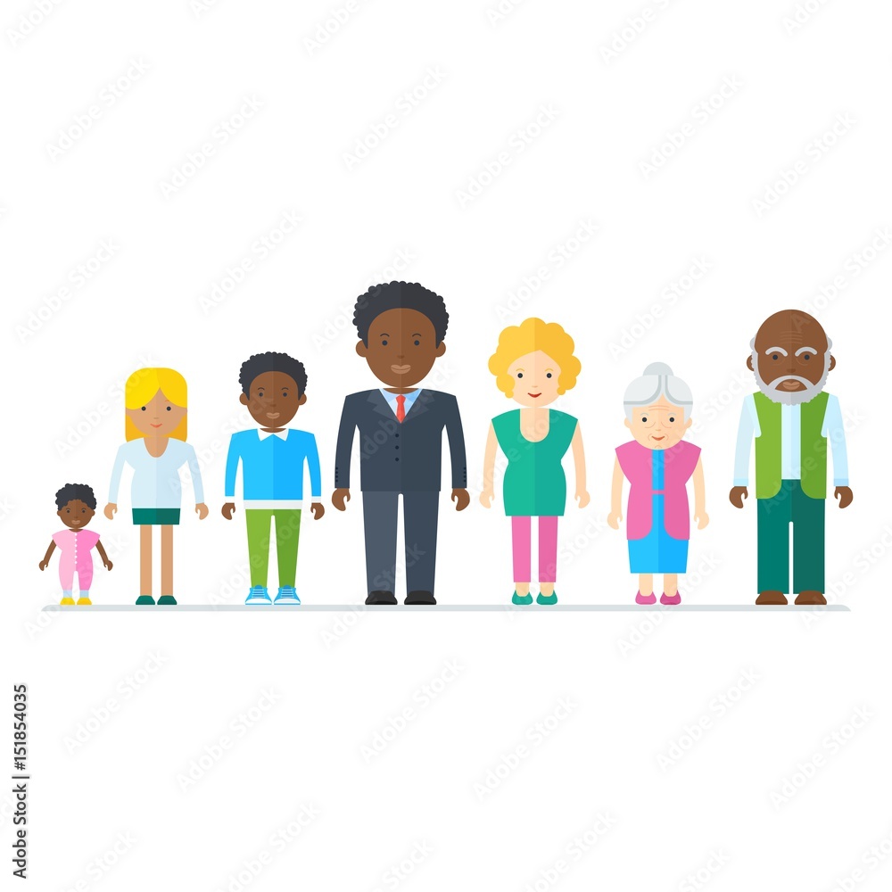 Mixed black family. Multicultural ethnic people. Flat vector cartoon illustration. Objects isolated on a white background.