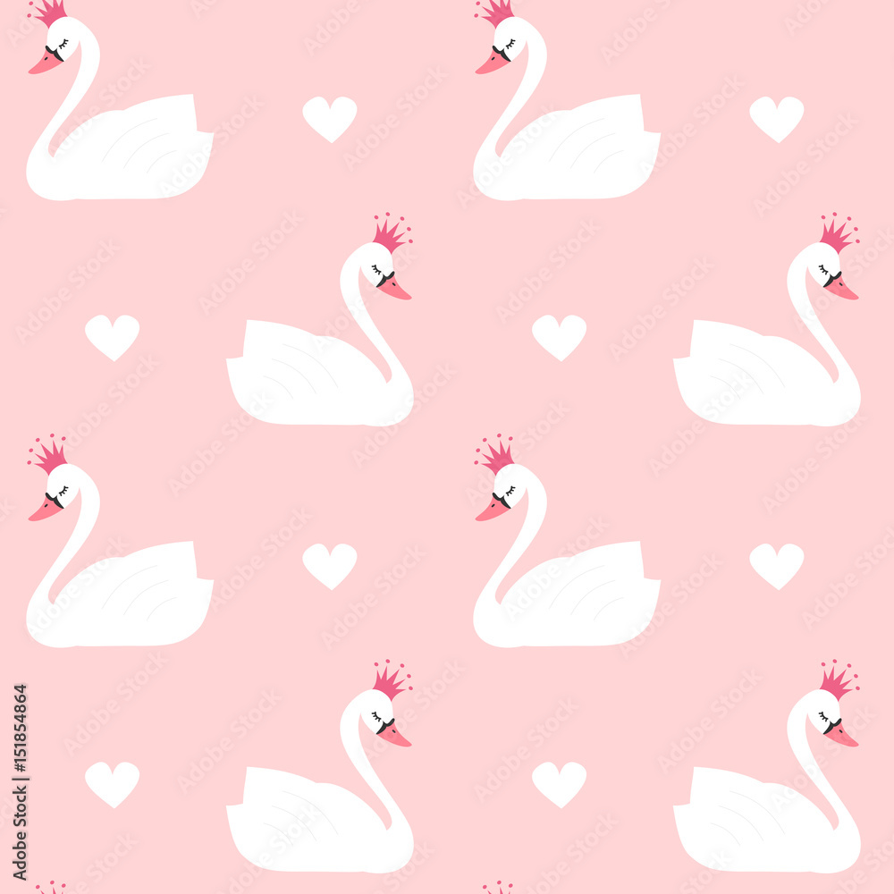 Obraz premium ładny piękny księżniczka łabędź na różowym tle bez szwu wektor wzór ilustracji
