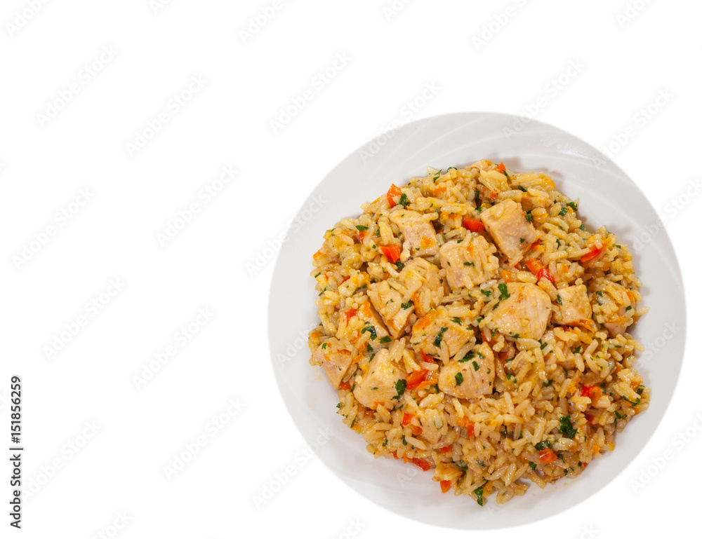 Chicken Breast with Rice and vegetables. top view. isolated on white Chicken Breast with Rice and vegetables. top view. isolated on white