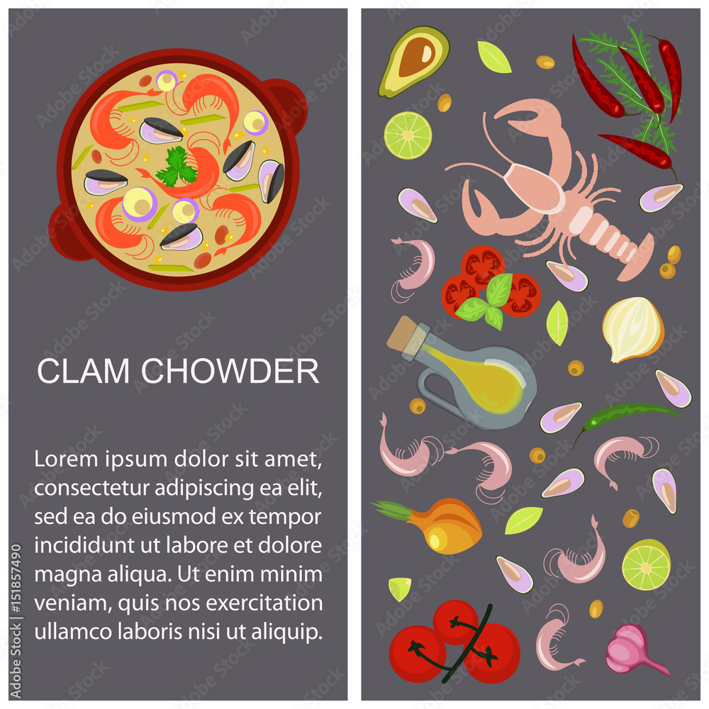 Clam chowder with ingredients for recipe or menu. Top view Vector illustration eps 10.
