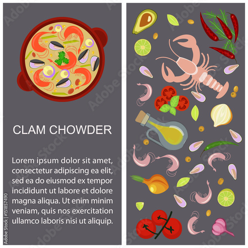 Clam chowder with ingredients for recipe or menu. Top view Vector illustration eps 10.