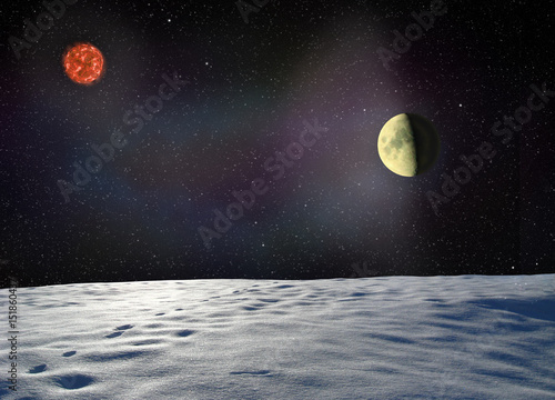 Fototapeta Naklejka Na Ścianę i Meble -  Moon glowing near the surface unknown planet