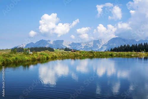 Hintersteinersee mountain lake, summer wellness attraction in Scheffau am Wilden Kaiser, Tirol, Austria photo