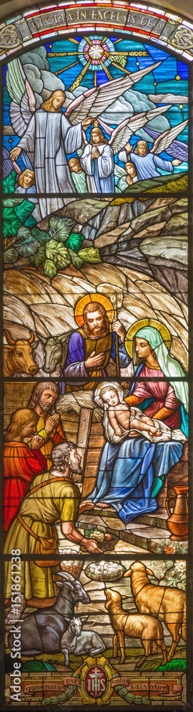 TURIN, ITALY - MARCH 16, 2017: The Adoration of Shepherds in the stained glass of church Chiesa di San Massimo designed by prof. Mario Barbieris.