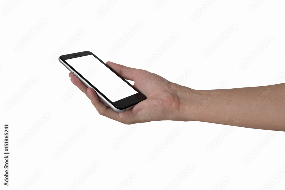 Blank screen mobile phone in man's hand isolate with white background, Smartphone concept Blank screen mobile phone in man's hand isolate with white background, Smartphone concept