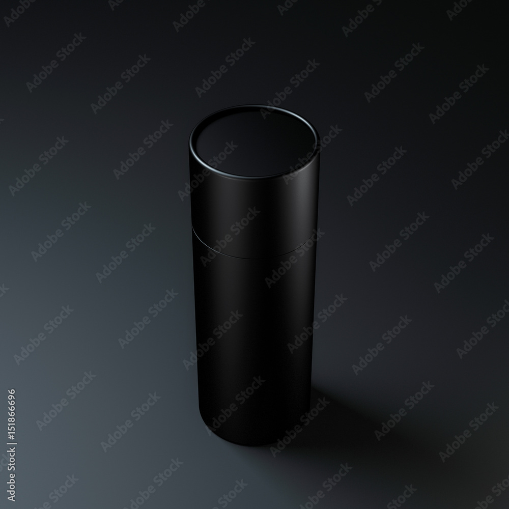 Standing Black paper tube tin can mockup on black, 3d rendering Standing Black paper tube tin can mockup on black, 3d rendering