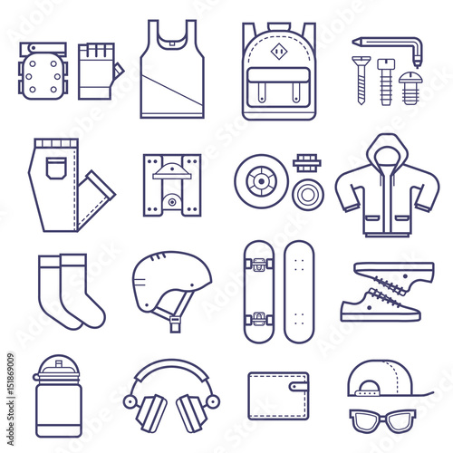  Skateboard icons set with skateboarding equipment in thin line style. Skate deck,  skate riding accessories and clothes in outline design. Urban lifestyle collection with skateboard gear and clothes.