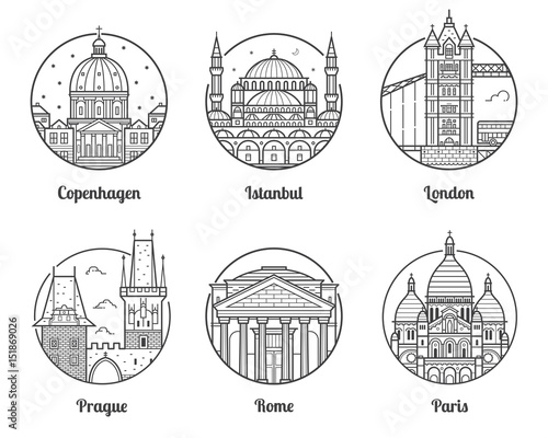 Main Europe cities icons including London, Rome, Prague, Istanbul, Copenhagen and Paris. Travel destinations icon set with famous european landmarks and tourist attractions in line art design. #151869026