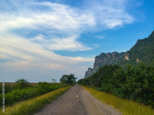 Beautiful landscape with road, fields and mountains, Bueng Bua at Sam Roi Yot National Park, Prachuap Khiri Khan Thailand