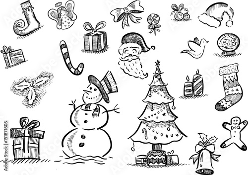 Hand drawn set of Christmas doodles with elegant hatched strokes