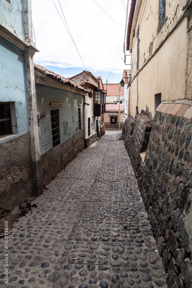 Narrow cobbled alley in Potosi, Bolivia.