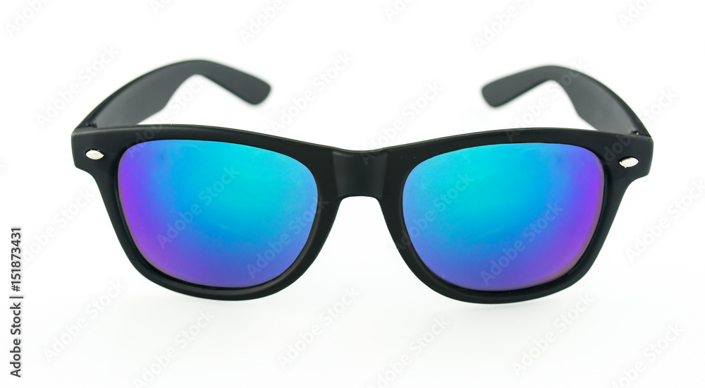 Sunglasses with black frames and blue lens