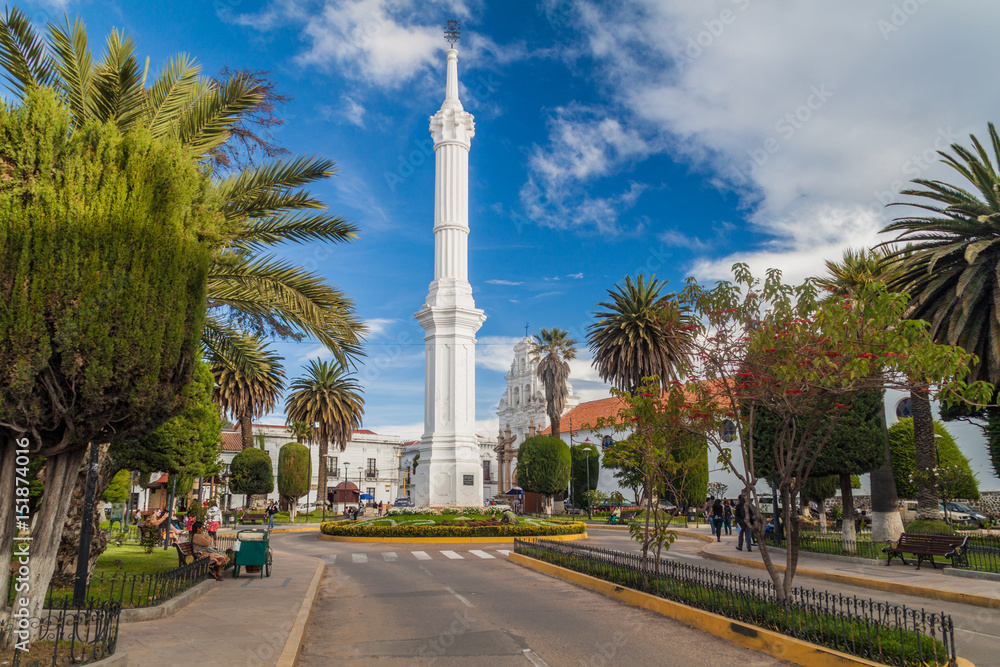 SUCRE, BOLIVIA - APRIL 21, 2015: Obelisk of Freedom Tower Monument in Sucre, capital of Bolivia.