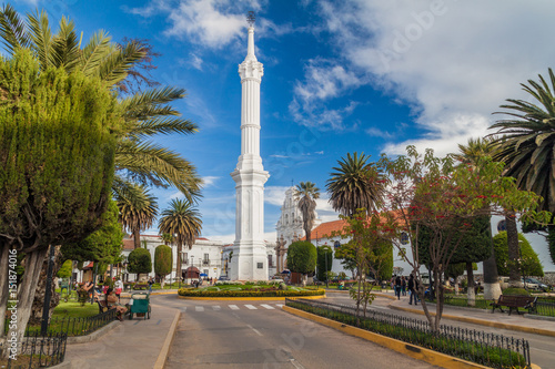 SUCRE, BOLIVIA - APRIL 21, 2015: Obelisk of Freedom Tower Monument in Sucre, capital of Bolivia.