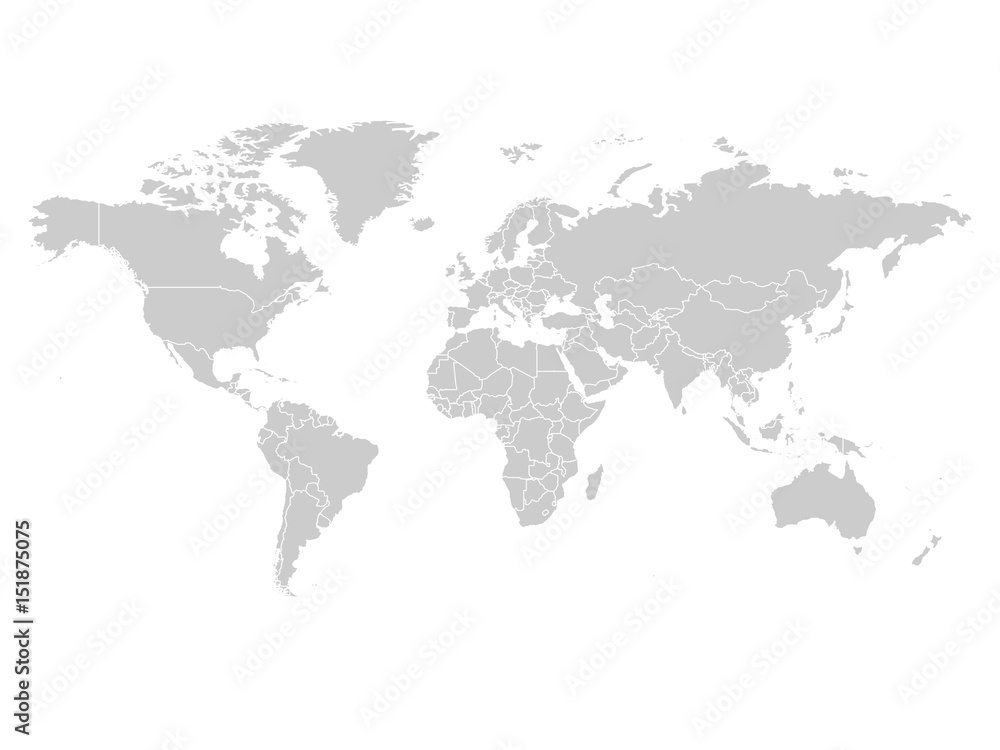 World map in grey color on white background. High detail blank political map. Vector illustration with labeled compound path of each country.
