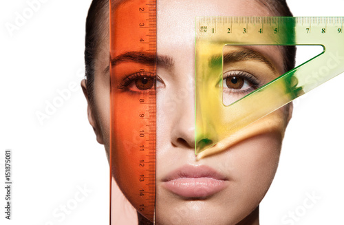 Принти на полотні Close-up measure the woman's face and the shape of the eyes with rulers before the plastic surgery to change the proportions